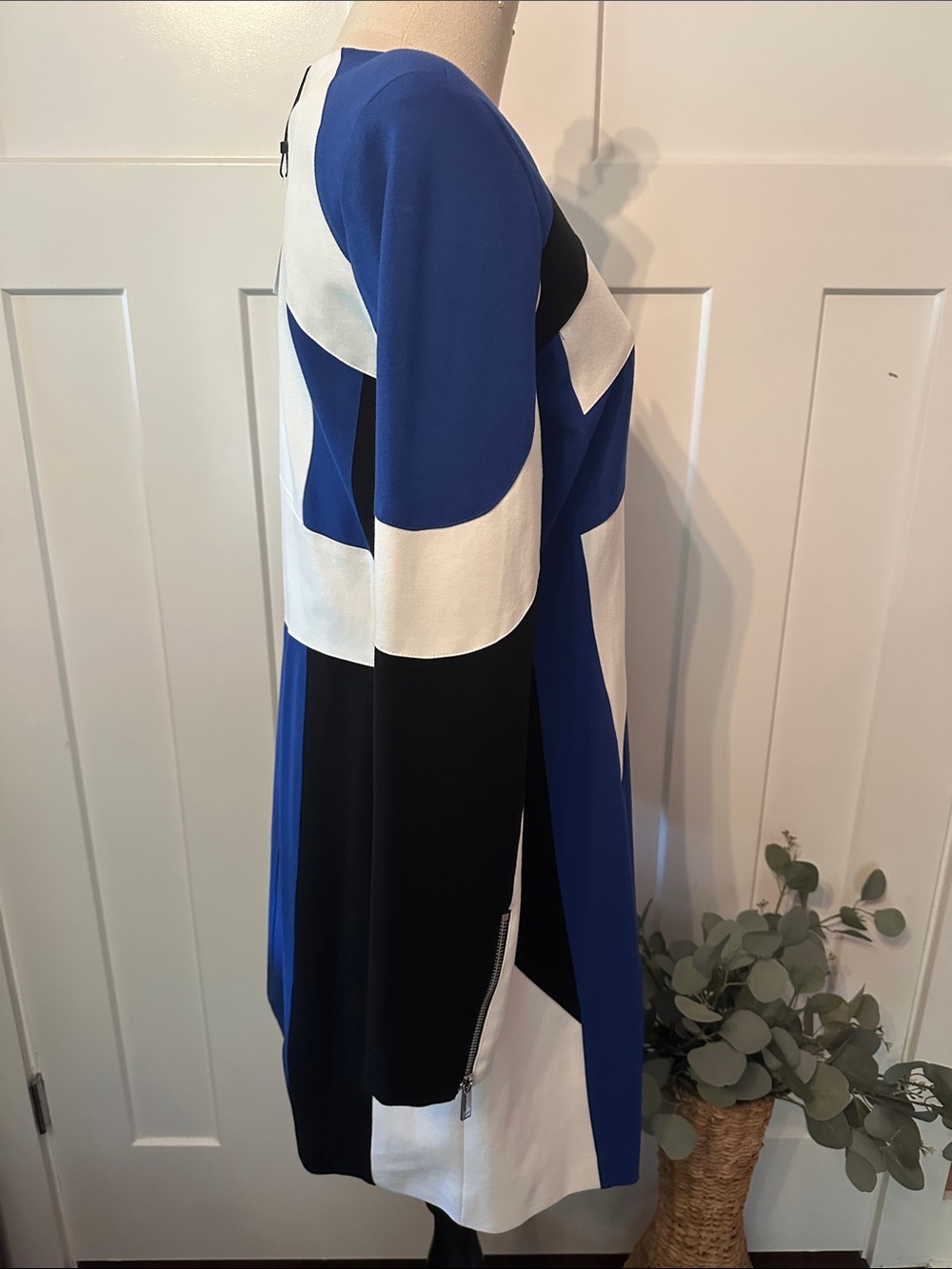 Karen Millen Moto Colorblock Ponte Biker Mini blue white black zipper 12 dress - Picture 5 of 11